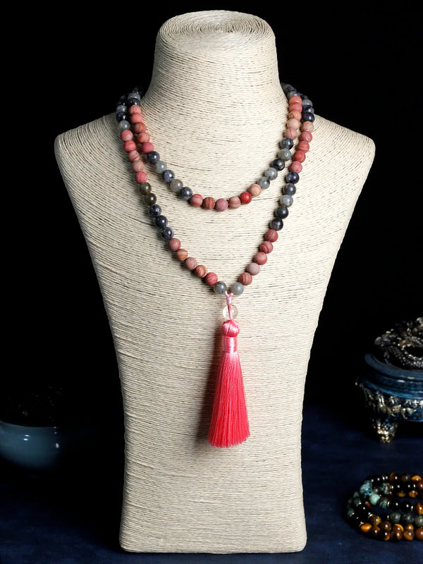 Collar de mujer con borlas de cuentas de 8 mm, collar de 108 maletas, cuentas de piedra natural