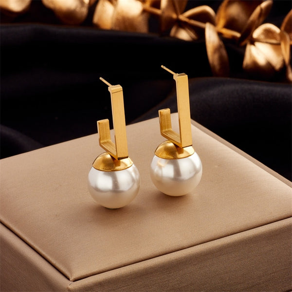 316L Stainless Steel Geometric Pearl Stud Earrings For Women