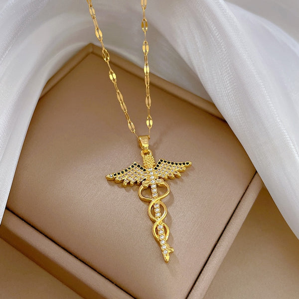 316L Stainless Steel Cross Wings Pendant Necklace For Women
