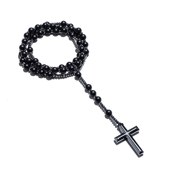 Colgante de cruz de hematita con cuentas de piedra natural de 8 mm para hombres y mujeres, colgante de cruz de rosario católico de Cristo