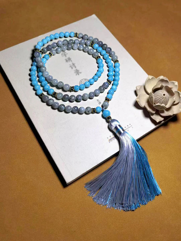 Collar de Japamala con 108 cuentas de piedras naturales de 8 mm en tonos azules y grises, collar con borlas para mujer.