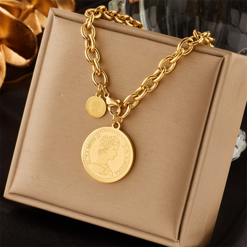 316L Stainless Steel Gold Color Hip Hop Round Portrait Coin Necklace For Women