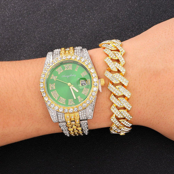 Iced Out Watch for Men Bling Miami Cuban Chain Bracelet Iced Out Watches