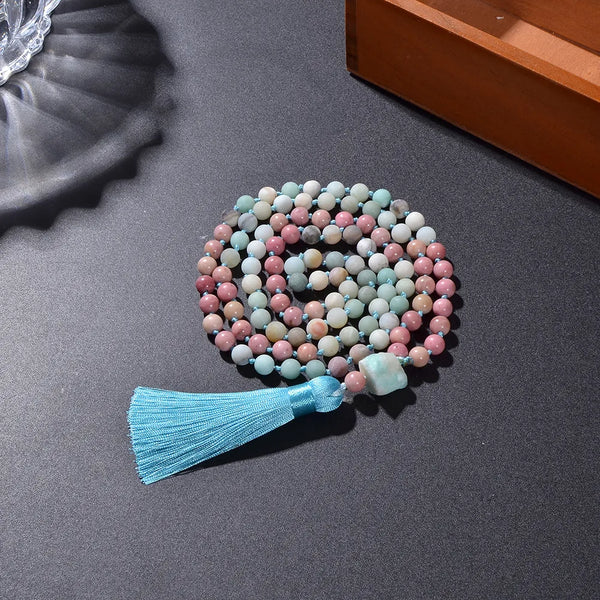 Collar Mala 108 con cuentas de amazonita y rodocrosita roja de 8 mm anudadas para meditación