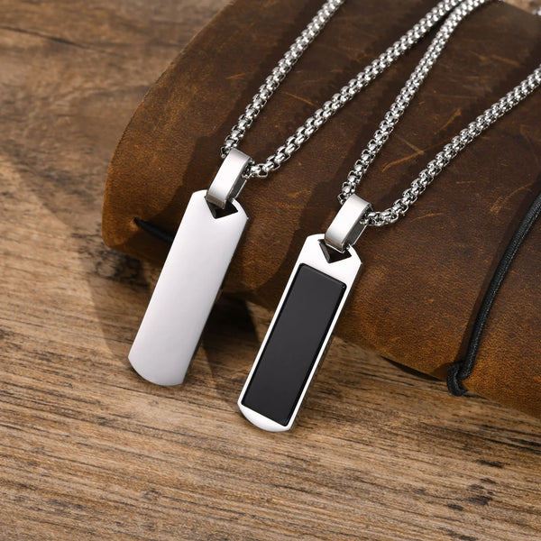 Men Geometric Bar Necklaces, Black Enamel Natural Stone Pendant