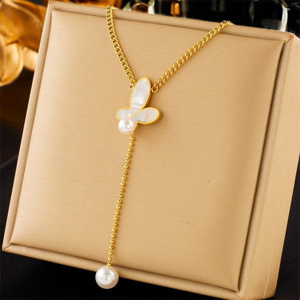 316L Stainless Steel Butterfly Pearl Long Pendant Necklace For Women