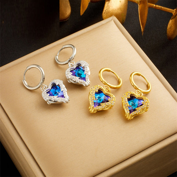 316L Stainless Steel Wings Heart Colorful Purple Crystal Earrings For Women