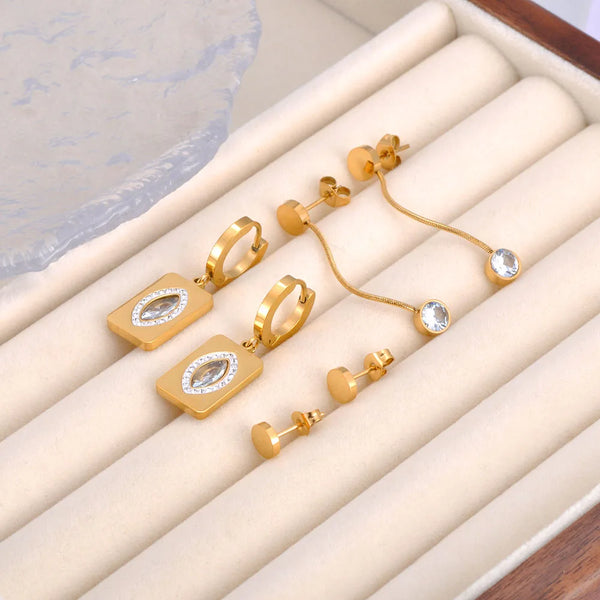 Pendientes de fiesta de circonita cúbica de acero inoxidable chapados en oro de 18 quilates (3 pares)