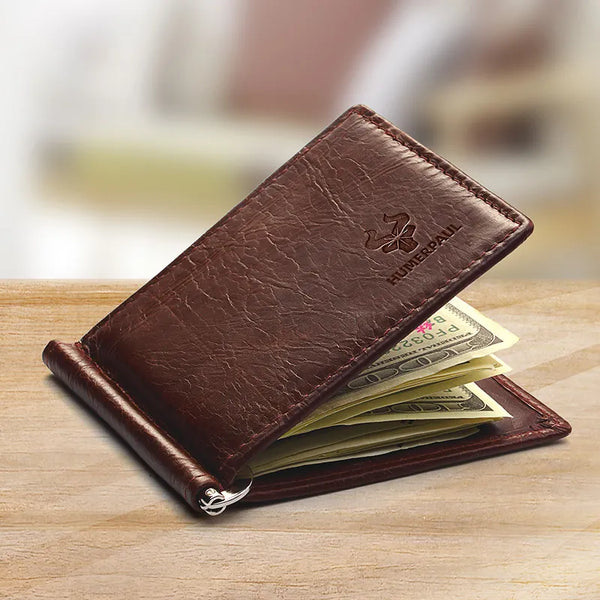 Cartera ultrafina con clip para billetes para hombre, tarjetero plegable vintage de cuero genuino