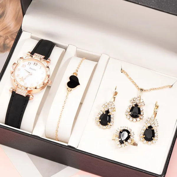 6PCS Set Fashion Women Jewelry Watches Ladies Dress Black Leather Quartz Watch Womens
