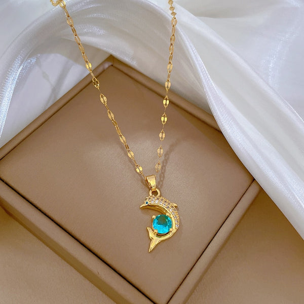 316L Stainless Steel Blue Zircon Dolphin Pendant Necklace For Women