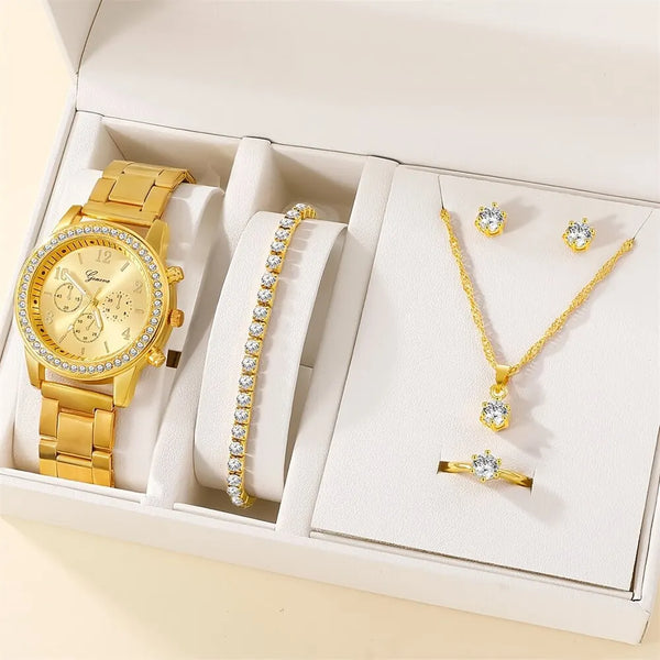 Juego de 6 relojes de lujo para mujer, anillos, collares, pendientes, relojes y pulseras.