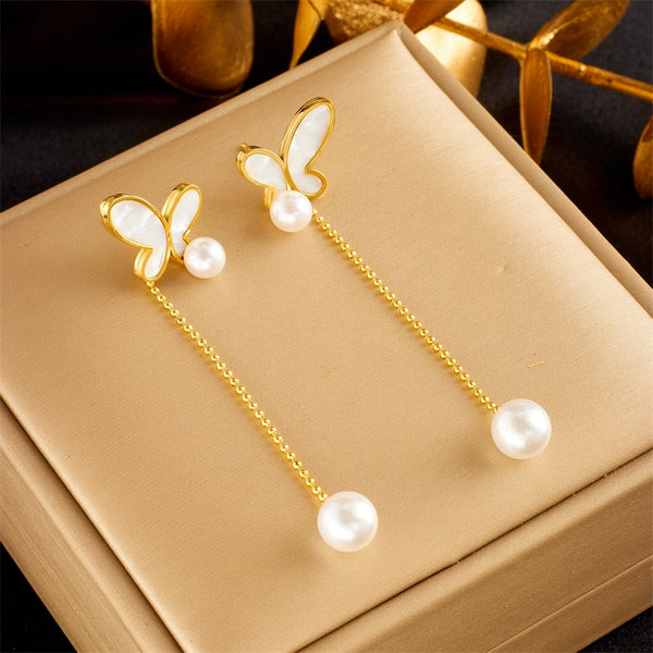 316L Stainless Steel Butterfly Pearl Long Pendant Earrings For Women