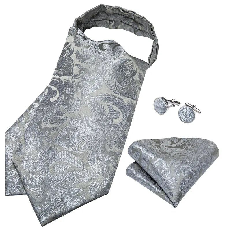 Luxury Men Gray Business Ascot Handkerchief Ring Cufflinks Set