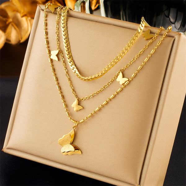 316L Stainless Steel Gold Color Multilayer Butterfly Pendant Necklace For Women