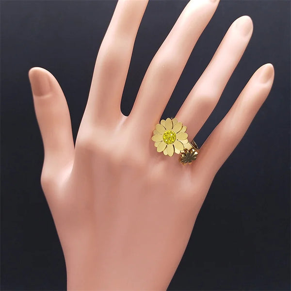 Anillos de flores de moda para mujer, anillo de acero inoxidable con cristales dorados, regalo para el Día de la Madre