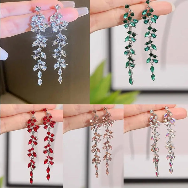 Fashionable Long Earrings with Diamond Leaves and Tassels