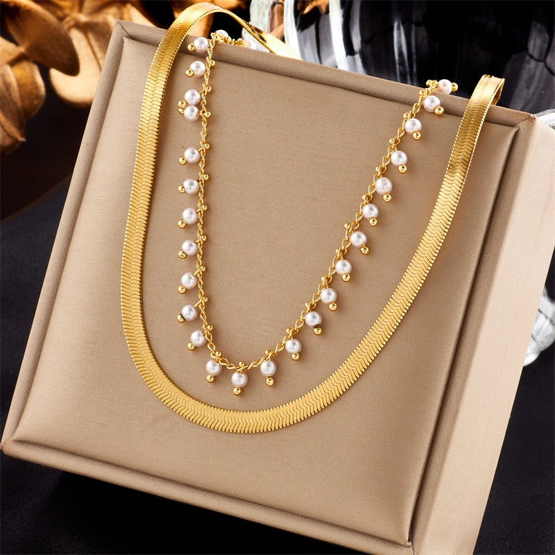 316L Stainless Steel Geometric Ball Beads Pearl Chain Necklace For Women