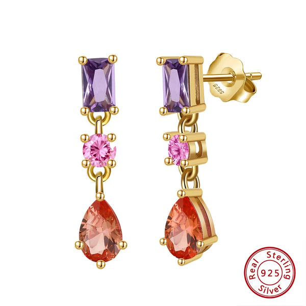 Pendientes colgantes vintage de plata de ley 925 con circonitas transparentes de colores para mujer