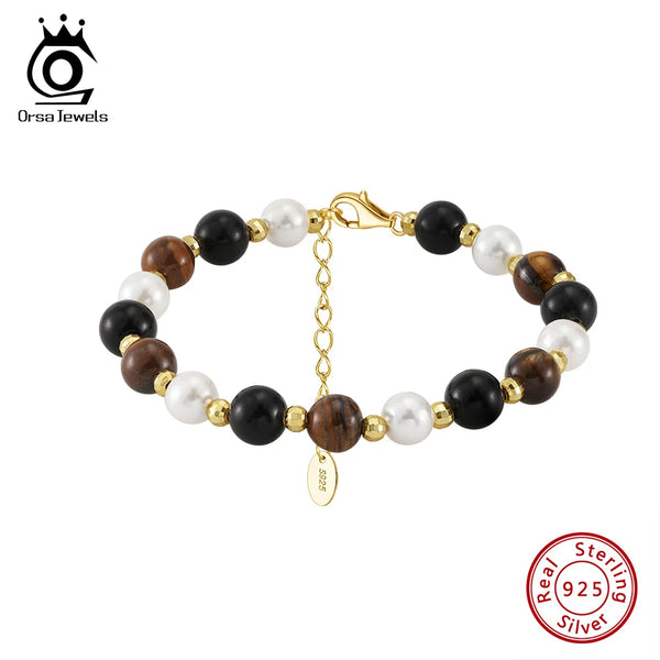 Pulsera de cadena de ojo de tigre en plata 925 con obsidiana y perla de concha para mujer