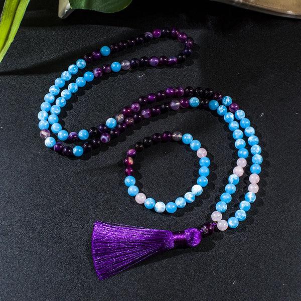 Collar mala de 8 mm con cuentas de ágata larimar morada rayada, 108 cuentas, para meditación, yoga, oración, conjunto de japamala
