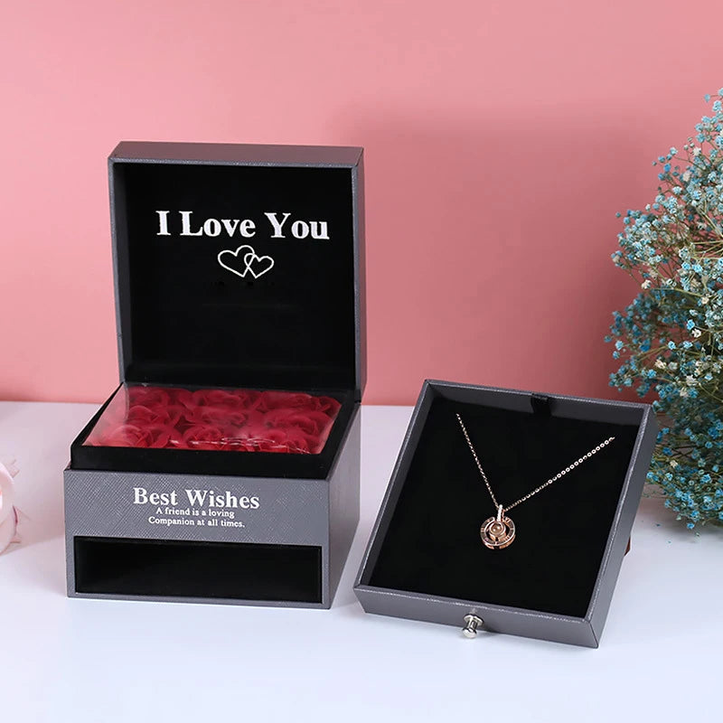 Love Zircon Necklace 100 Languages I Love You projection Pendant For Women With 9 Roses Gift Box
