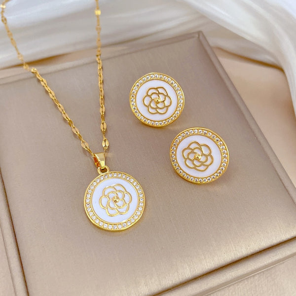 316L Stainless Steel Round Flower Pendant Necklace Earrings For Women