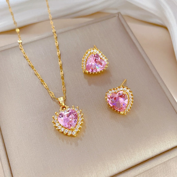 316L Stainless Steel Pink Heart Crystal Pendant Necklace Earrings For Women