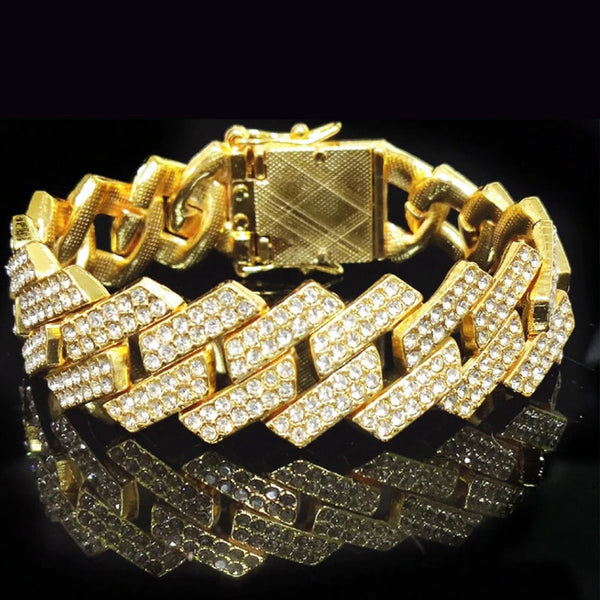 Hip Hop Gold Color Iced Out Bling CZ Cuban Link Chain Bracelet For Men