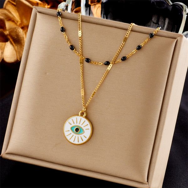 316L Stainless Steel Round Enamel Eye Pendant Necklace For Women
