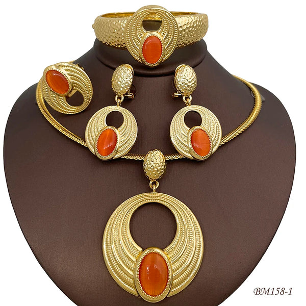 Conjunto de 4 pendientes redondos de moda de Dubái para mujer: aretes, collar, brazalete y anillo.