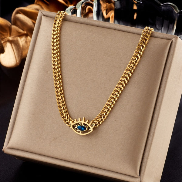 316L Stainless Steel Eye Shape Blue Zircon Necklace For Women