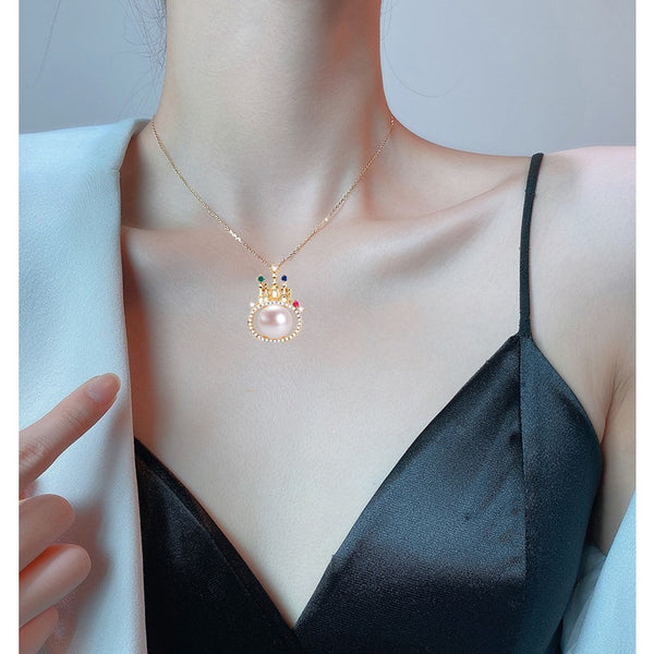 Collar de oro con colgante de perla de castillo de colores, 100 % perla natural auténtica