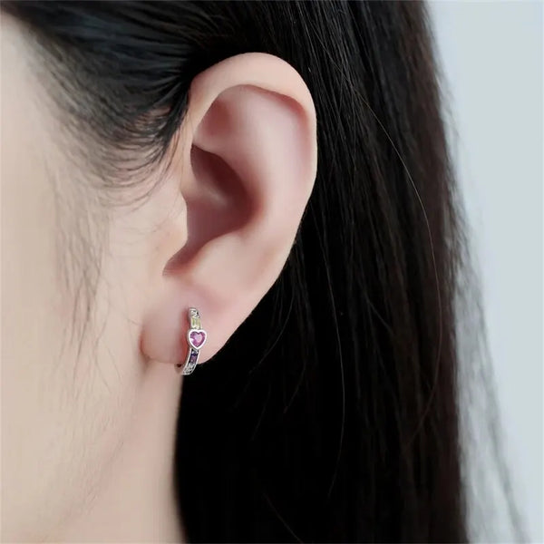 Real 100% 925 Sterling Silver Color Heart Shape Inlay Zircon Earrings