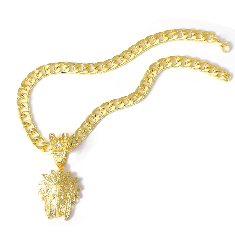 Classic Punk High Quality Metal Gold Plated Indian Chief Pendant Necklace