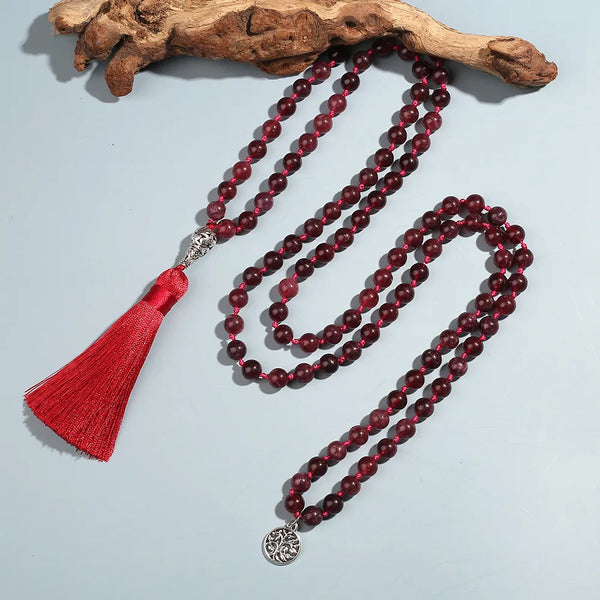 Collar Mala 108 anudado con cuentas de granate de 8 mm para meditación, yoga, oración, rosario para hombres y mujeres