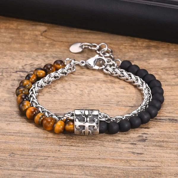 Punk Double Layered Beaded Bracelet for Men Boys