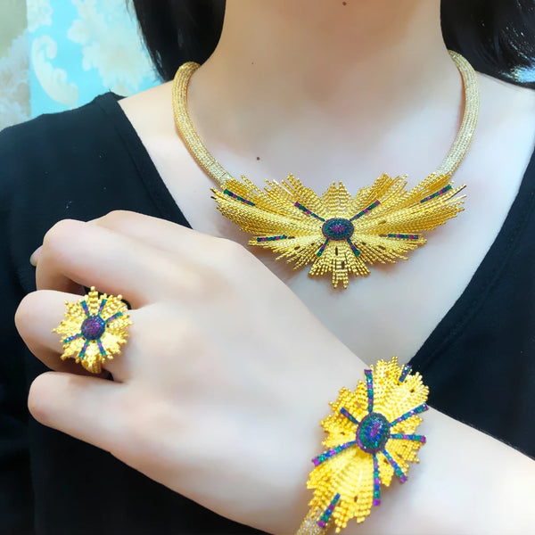Conjunto de joyería nupcial de Dubái, collar, brazalete, anillo y pendientes de lujo con un elegante empalme para mujer.