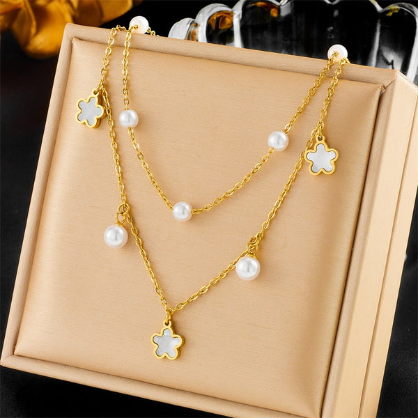316L Stainless Steel Round Heart Butterfly Flower Pearls Necklace For Women