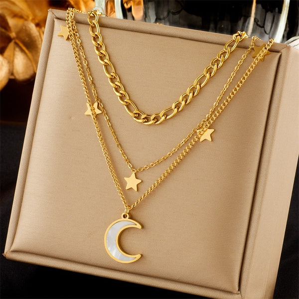 316L Stainless Steel Bending Moon Stars Pendant Necklace For Women