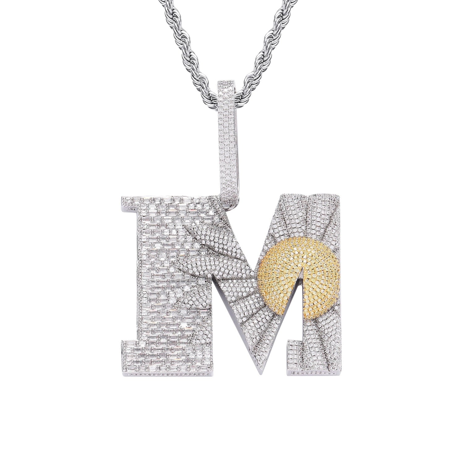 New Fashion Full Zircon Inlay Little Daisy M Letter Pendant With Chain For Men Women