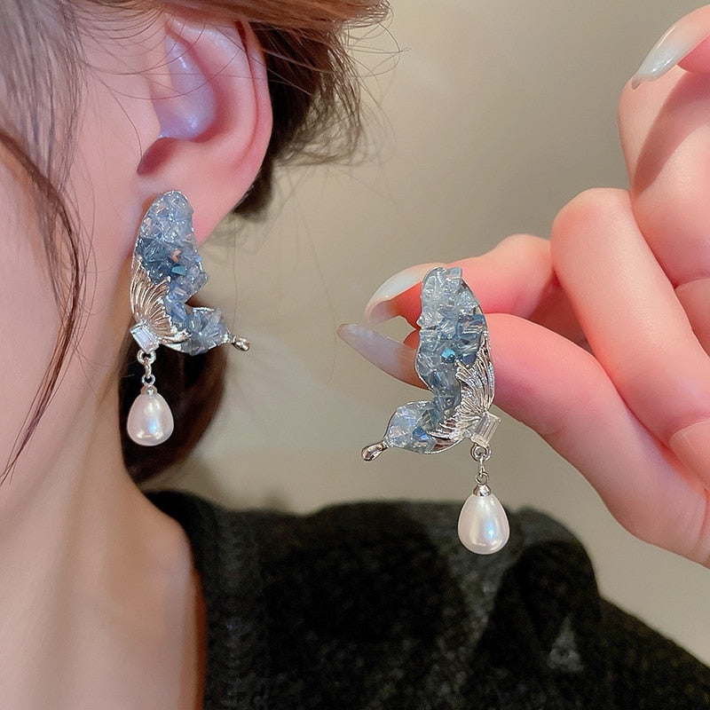 Korean Fashion Blue Crystal Butterfly Dangle Earrings For Women