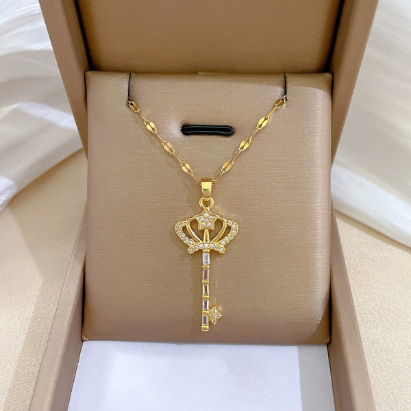 316L Stainless Steel Crown Key Pendant Necklace For Women