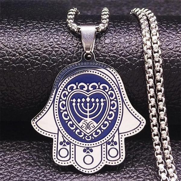 Collar de cadena con forma de mano de Fátima, corazón de acero inoxidable y 7 velas, color azul y plateado.