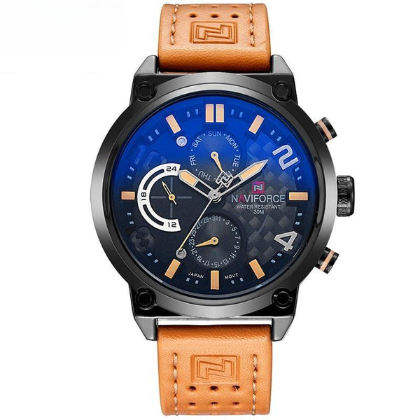 Relojes multifunción para hombre, de moda, de cuero, para negocios, resistente al agua, con día y fecha de 24 horas, reloj deportivo.
