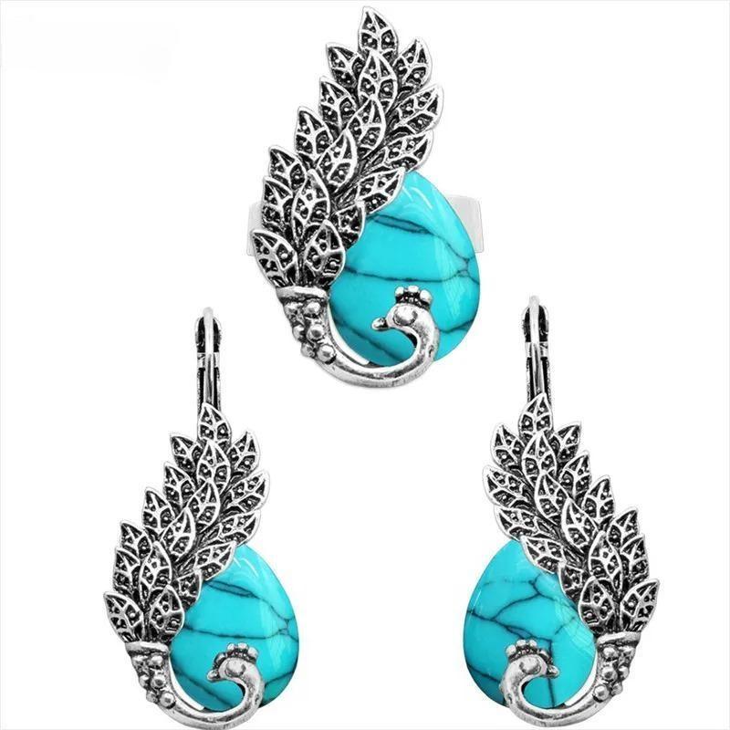 Drop Synthetic Turquoises Peacock Jewelry Sets Earrings Adjustable Rings For Women