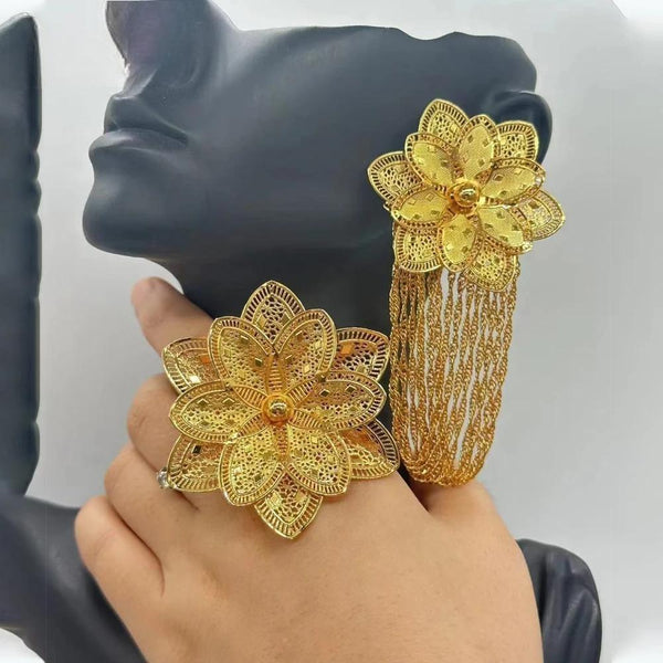 Gold Plated Earrings with Ring for Women Fashion Dubai Italy Flower Jewelry Set