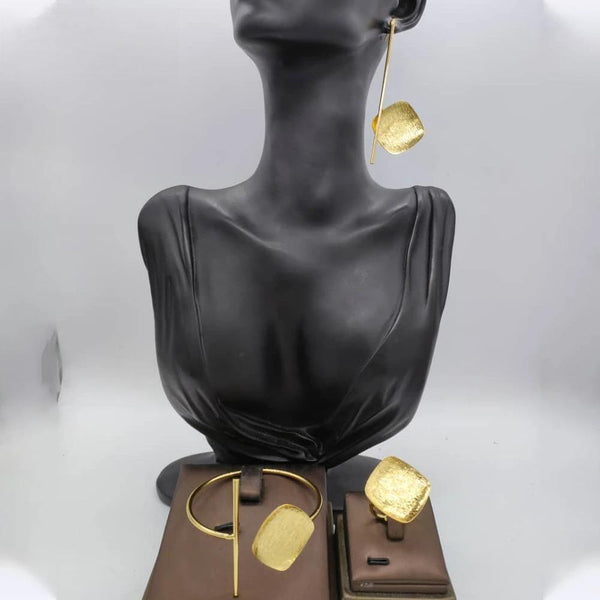 African Gold Plated Jewelry Set for Women Drop Earrings and Cuff Bracelet