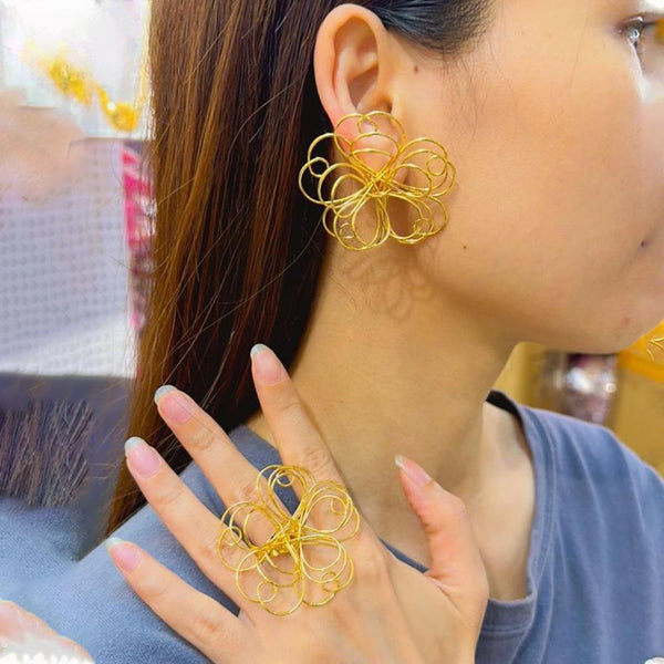 Dubai Gold Plated Stainless Steel Wedding Flower Rings Earring Set