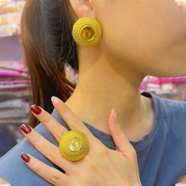 Dubai African Gold Color Round Shaped Earrings Ring Jewelry Set